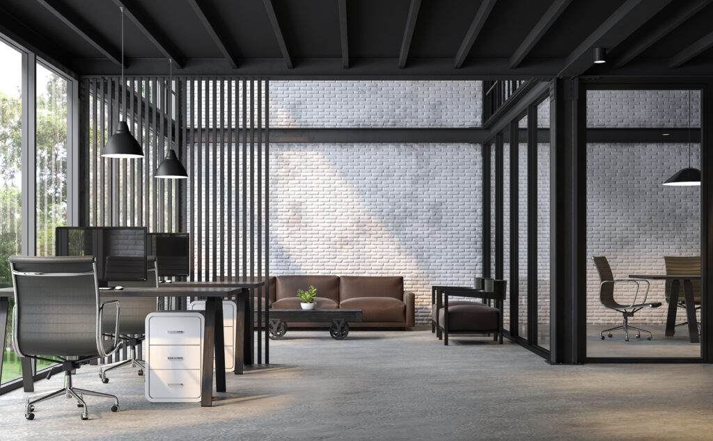 Industrial loft style office 3d render.There are white brick wal